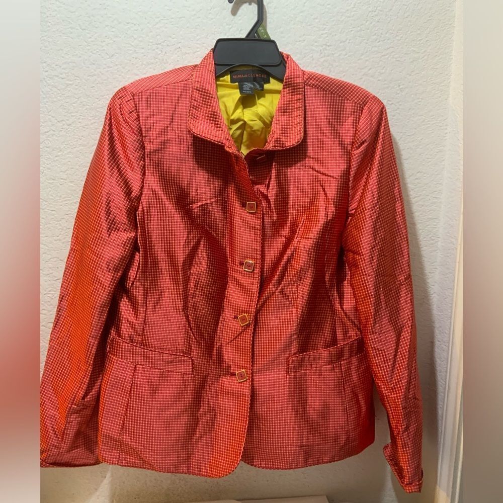 Nina Mclemore red yellow 100 % silk Blazer slit sleeves   Size 12